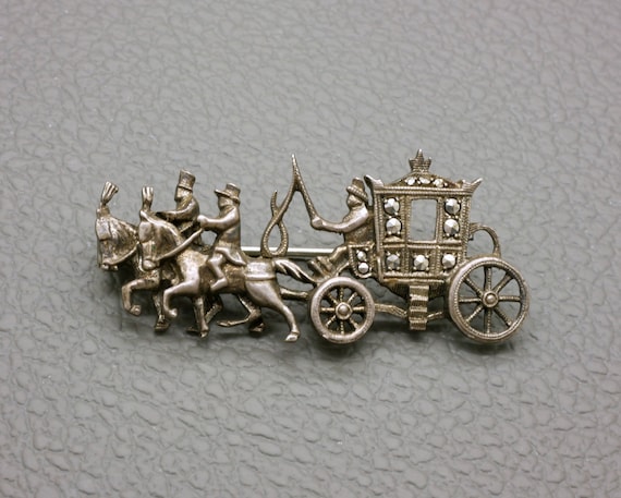 Vintage 835 Silver Brooch, Marcasite Set Coach An… - image 1