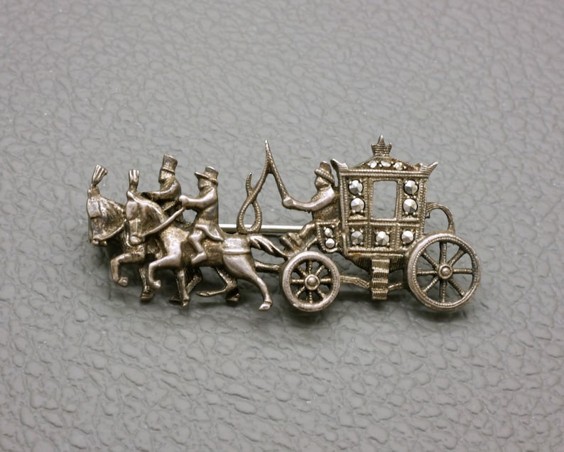 Vintage 835 Silver Brooch, Marcasite Set Coach And Horses Design Pin, Mid Century Jewelry image 1