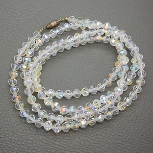 Aurora Borealis Necklace 40&quot; Long - Faceted AB Crystal Beads - Vintage Long Strand Beaded Necklace - 1950s Mid Century Costume Jewelry