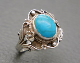 Blue Turquoise & Sterling Silver Ring - Boho Design Artisan Handcrafted Jewelry, December Birthstone, KW5