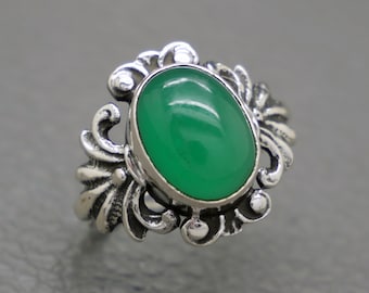 Vintage 835 Silver Green Chrysoprase Ring - Biedermeier Victorian Style Jewelry, May Birthstone - KW5