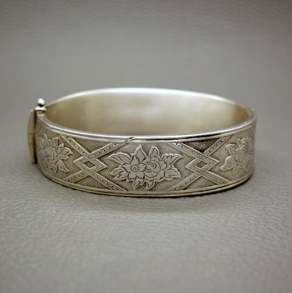 Etched Sterling Silver Bracelet, Hinged Cuff Brac… - image 3