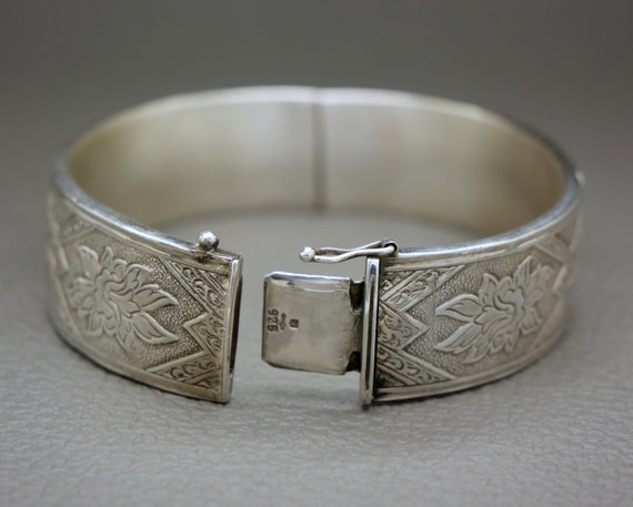 Etched Sterling Silver Bracelet, Hinged Cuff Brac… - image 5