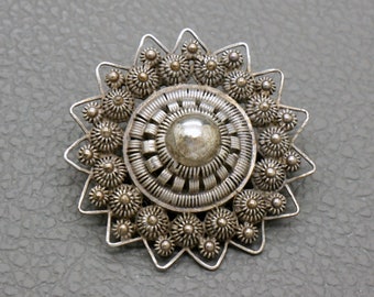 Antique Dutch Button Brooch, Hand crafted Sterling Silver Filigree, Traditional Dutch Heritage Victorian style jewelry