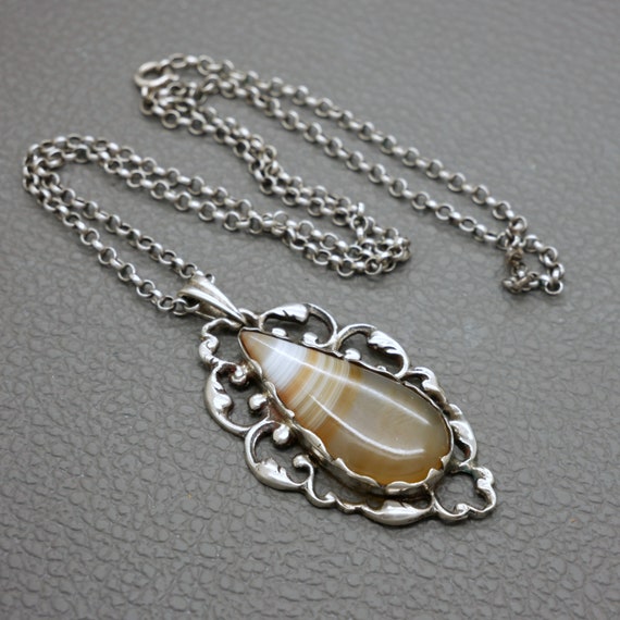 Antique 835 Silver & Striped Agate Pendant with O… - image 8