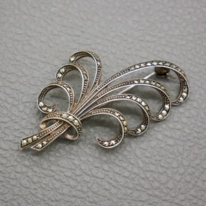 Vintage 835 Silver & Marcasite Brooch, Art Deco Style Mid Century Jewelry, Stylized Foliage Theme, KW1