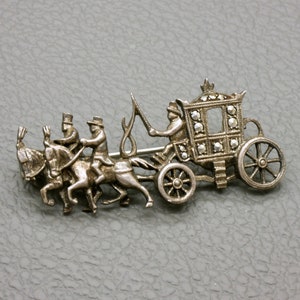 Vintage 835 Silver Brooch, Marcasite Set Coach And Horses Design Pin, Mid Century Jewelry image 2