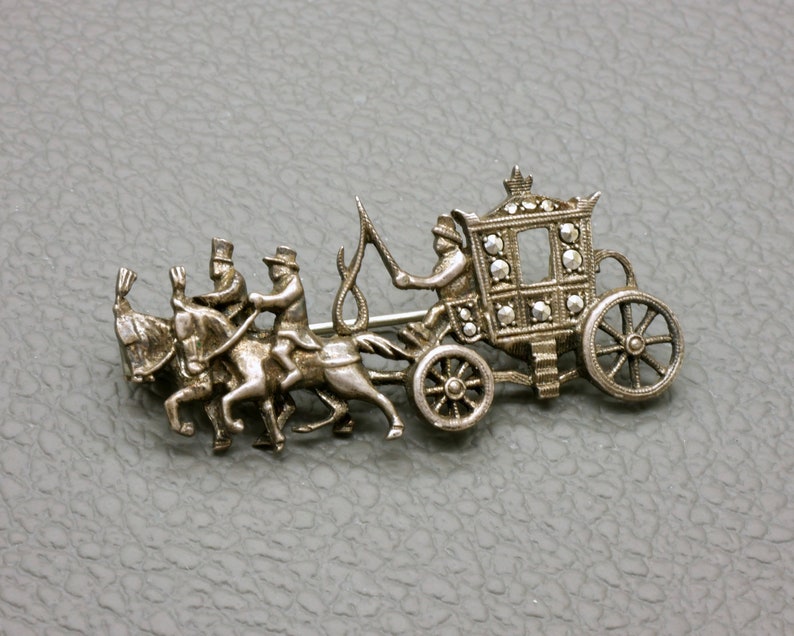 Vintage 835 Silver Brooch, Marcasite Set Coach And Horses Design Pin, Mid Century Jewelry image 2