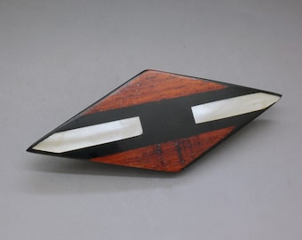 Art Deco Pin Brooch, Geometric Design Wood & Mother of Pearl Inlay Handcrafted Jewelry