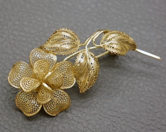Vintage Gold Plated Rose Brooch - Topazio Portugal 800 Silver Filigree, 1950's-1970's Jewellery, KW2