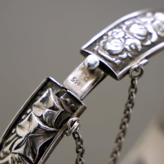 Vintage 835 Silver Bangle Bracelet: Fruit & Flower Ornament, 1930s