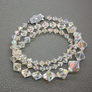 Aurora Borealis Necklace 24&quot; Long - Graduated AB Crystal Beads - Vintage Beaded Necklace - 1950s Mid Century Costume Jewelry