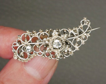 Antique silver brooch, Simili crystal old cut diamond imitation pin, 1800's Victorian period Dutch heritage jewelry