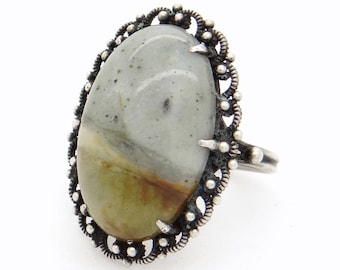 Antique Jasper & 925 Sterling Silver Ring Size 5.25 - Handcrafted Silver Filigree Ring, Bicolor Gemstone Talisman Ring, Healing Jewelry