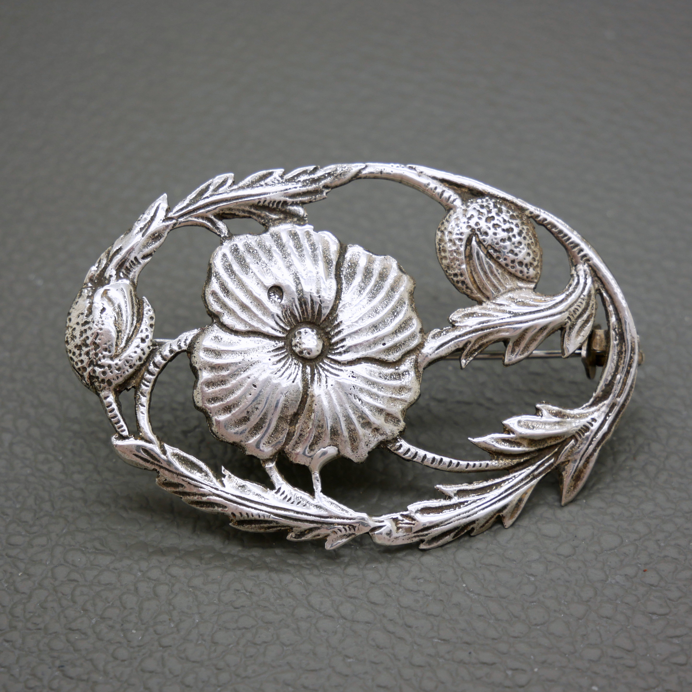 Large Antique Poppy Flower Brooch: 835 Silver Dutch Art Nouveau
