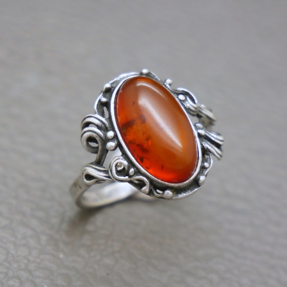 Genuine Amber & Sterling Silver Ring Size 6.75, N… - image 1