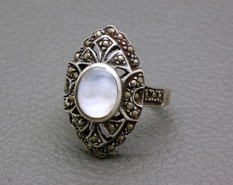 Vintage Sterling Silver Ring, Mother of Pearl & Marcasite Multi-stone Ring, mid century jewelry