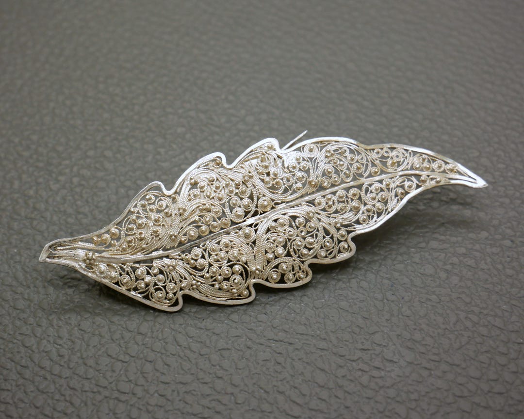 Vintage 900 Silver Filigree Leaf Brooch - 1970s Handcrafted