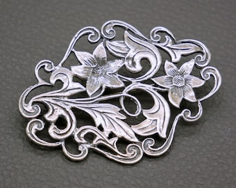 Broche Art Déco Française En Argent 925 - Décor Floral Travaillé Et Reperçé, Occasion