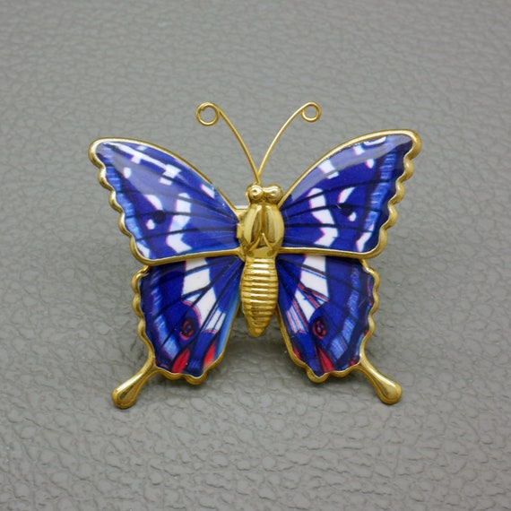 Blue Butterfly Brooch, Golden Brass & Enamel Pin, Boho  display picture 2