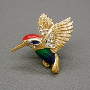 Vintage Hummingbird Brooch, red blue green enamel and gold tone metal pin, A&S Vintage Costume Jewelry