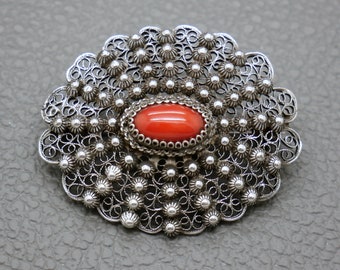 Antique Red Coral & 800 Silver Filigree Brooch, Arts and Crafts Handcrafted Dutch Heritage jewelry, Genuine Mediterranean Coral - KW5