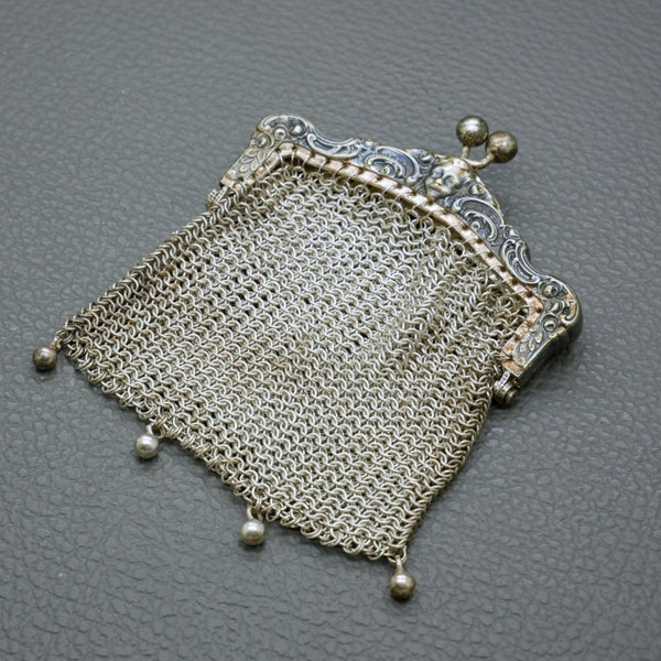 Victorian Style Alpaca Mesh Purse - Vintage Silver Tone Chain Maille Coin Bag for Chatelaine Chain