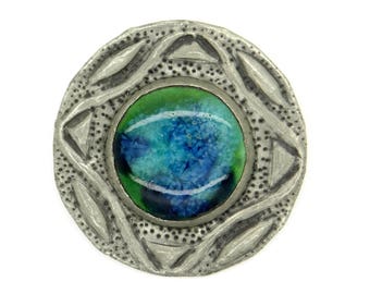 Arts & Crafts Brooch, Hammered Pewter and Green Blue Ceramic Stone, 1920's Art Deco Amsterdam School Artisan Jewelry