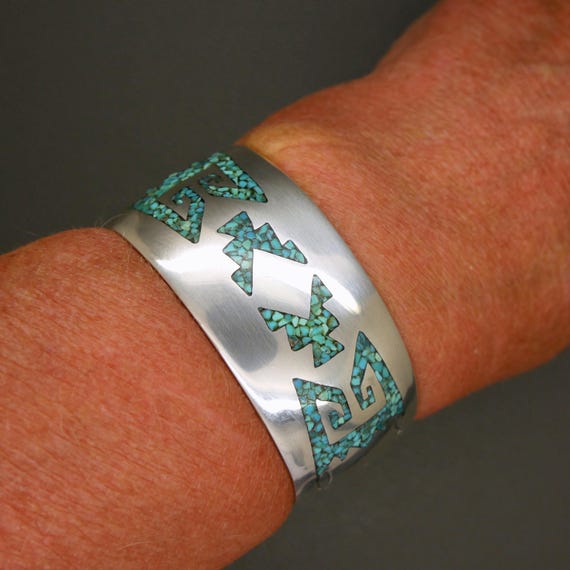 Vintage Solid Silver Open Cuff Bracelet: Turquois… - image 5