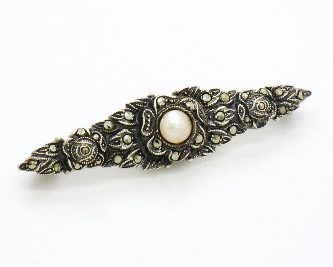 Antique Fine Silver Pin Brooch, Natural Pearl, Marcasite & 935 Silver ...