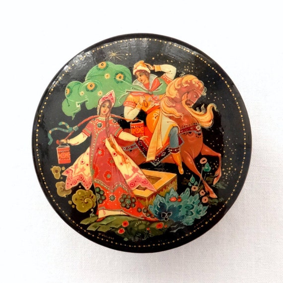 Russian Lacquer Miniature Box Kholuy Art Painting School Fire Bird Hand Painted Jewelry Box Papier Mache Handmade