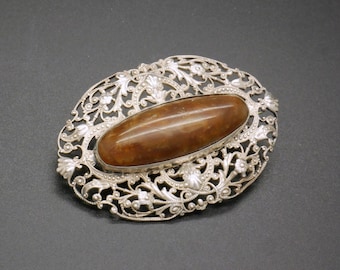 Antique Victorian brooch, Sterling silver filigree & brown jasper stone, 1900's jewelry