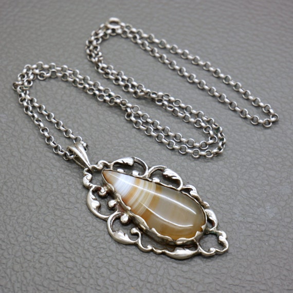 Antique 835 Silver & Striped Agate Pendant with O… - image 3