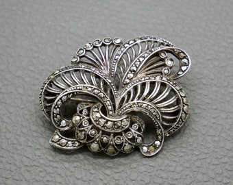 Vintage Marcasite & 835 Silver Pin Brooch, Stylized plume or palm leaves design 1930s Art Deco marcasite jewelry, Gift for Her