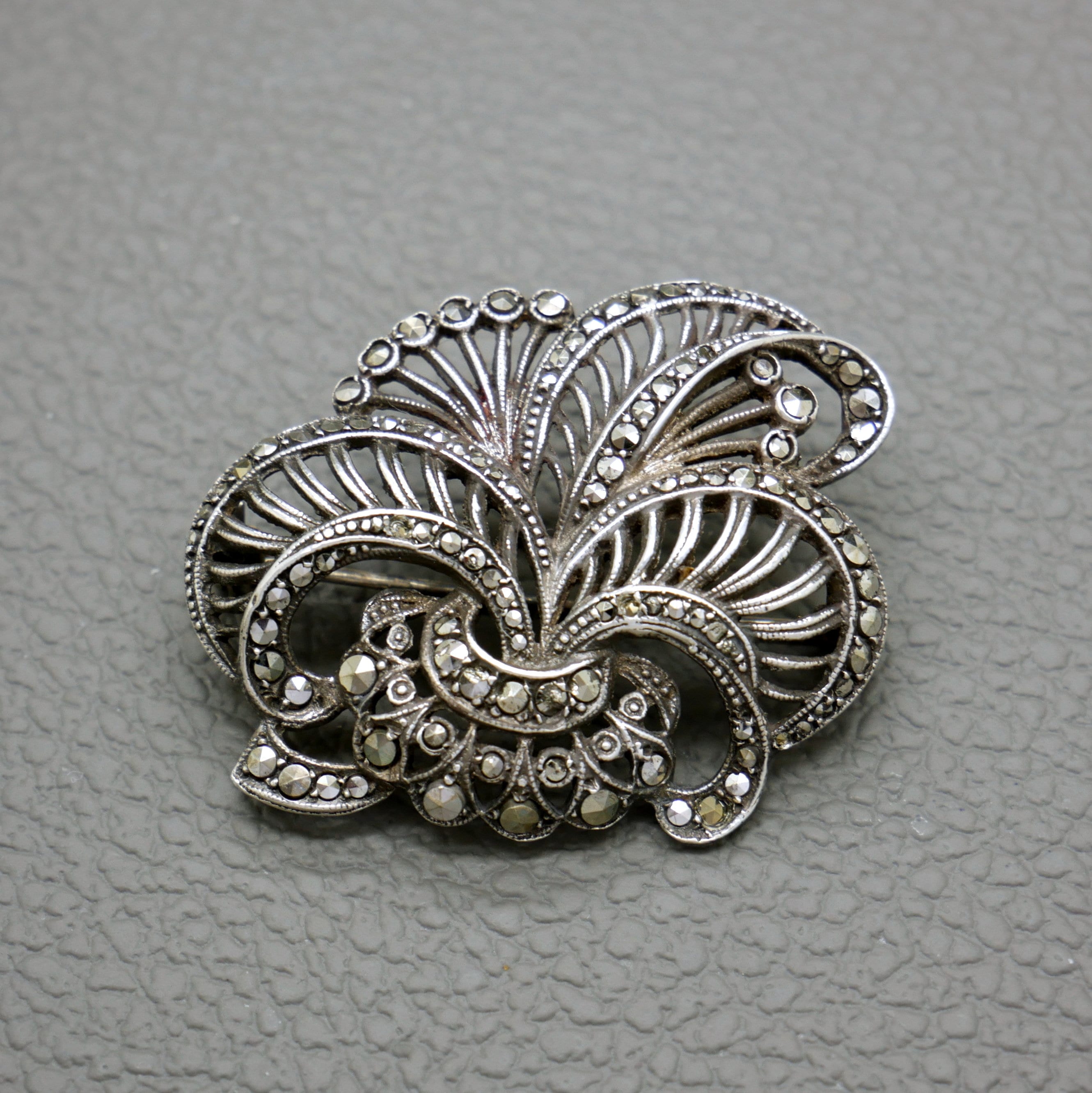 Vintage Silver and Marcasite Garnet Paste Brooch Pendant