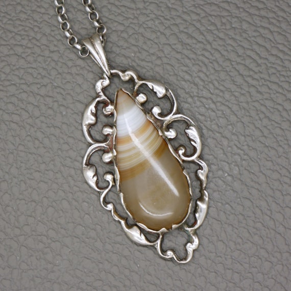 Antique 835 Silver & Striped Agate Pendant with O… - image 6