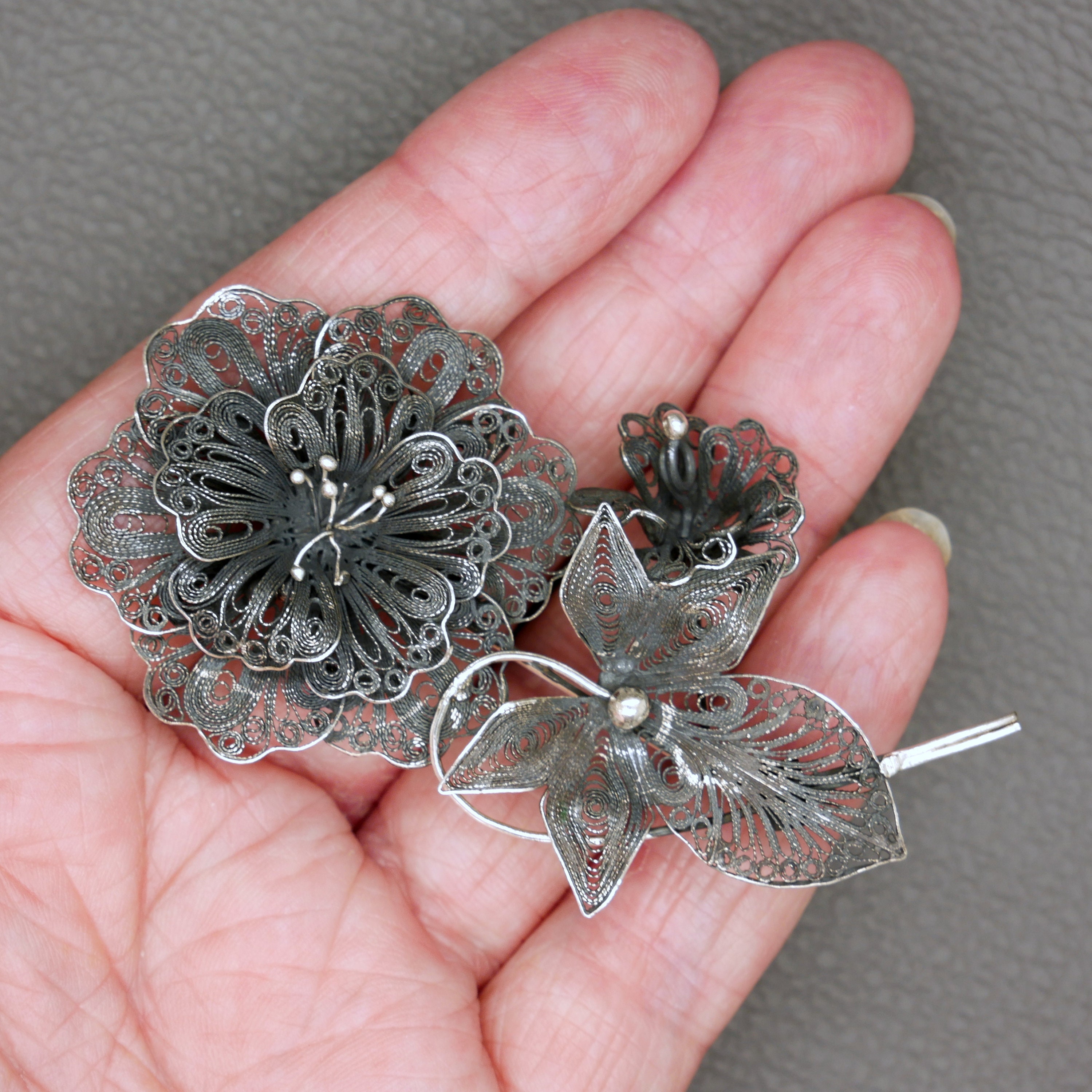 Vintage 800 Silver Filigree Brooch, Black Flower Pin, 1950's