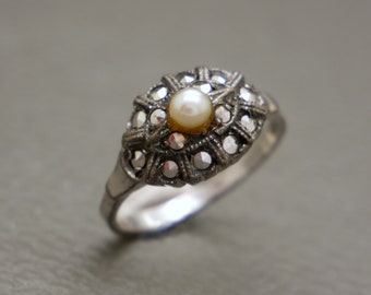 Perle naturelle de style Art déco et bague en argent 800, taille 7, bijoux en marcassite antique des années 1930, KW2