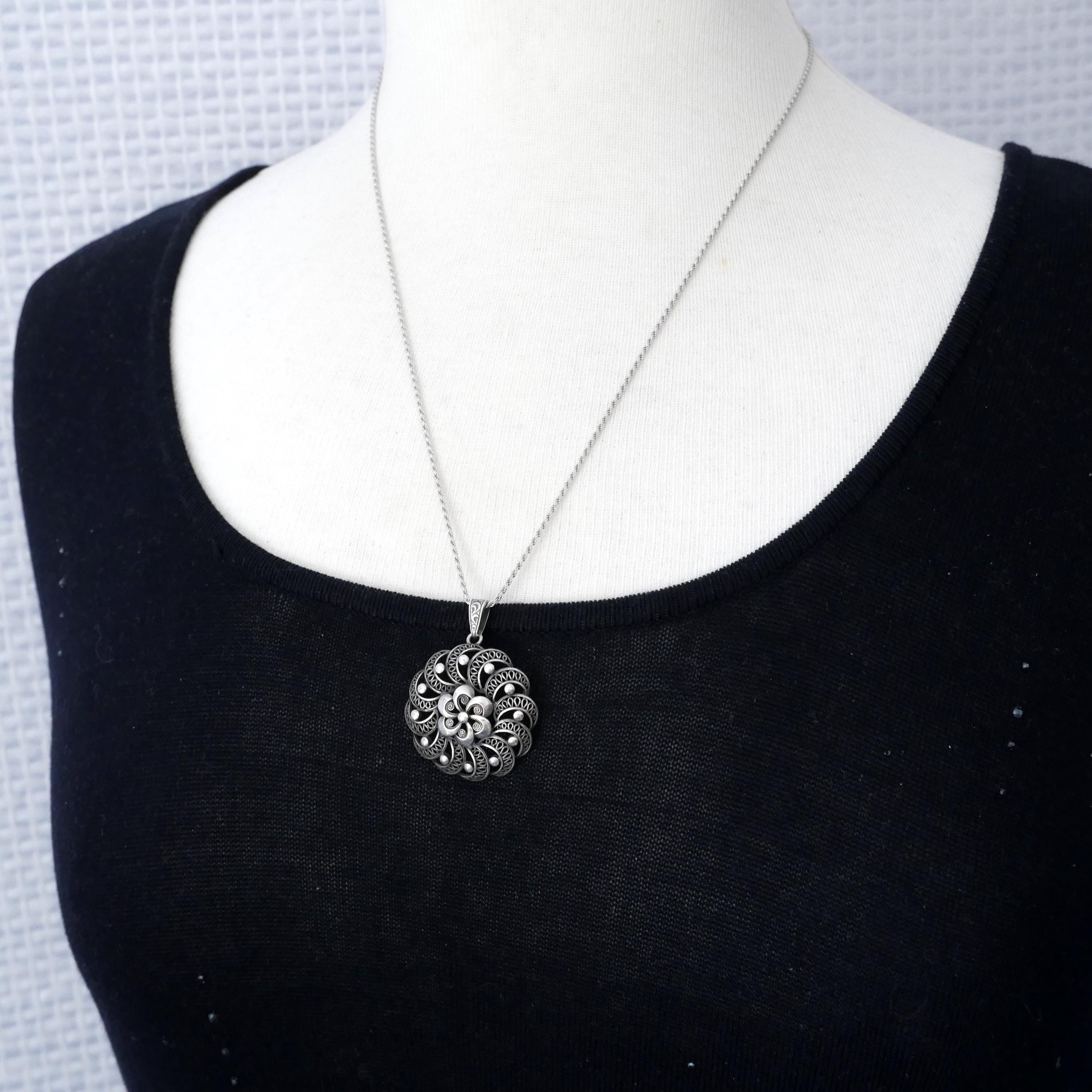 Vintage 835 Silver Flower Pendant: Mid-century Filigree Jewelry
