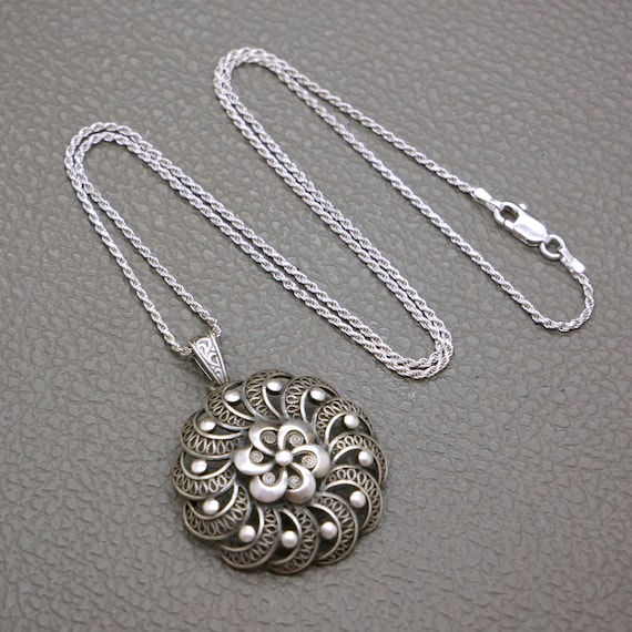 Vintage 835 Silver Flower Pendant: Mid-century Filigree Jewelry