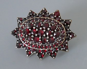 Antique Bohemian Garnet Brooch, Oval Tiered Red Garnet Pin, 1800s Victorian Jewelry, January Birthstone