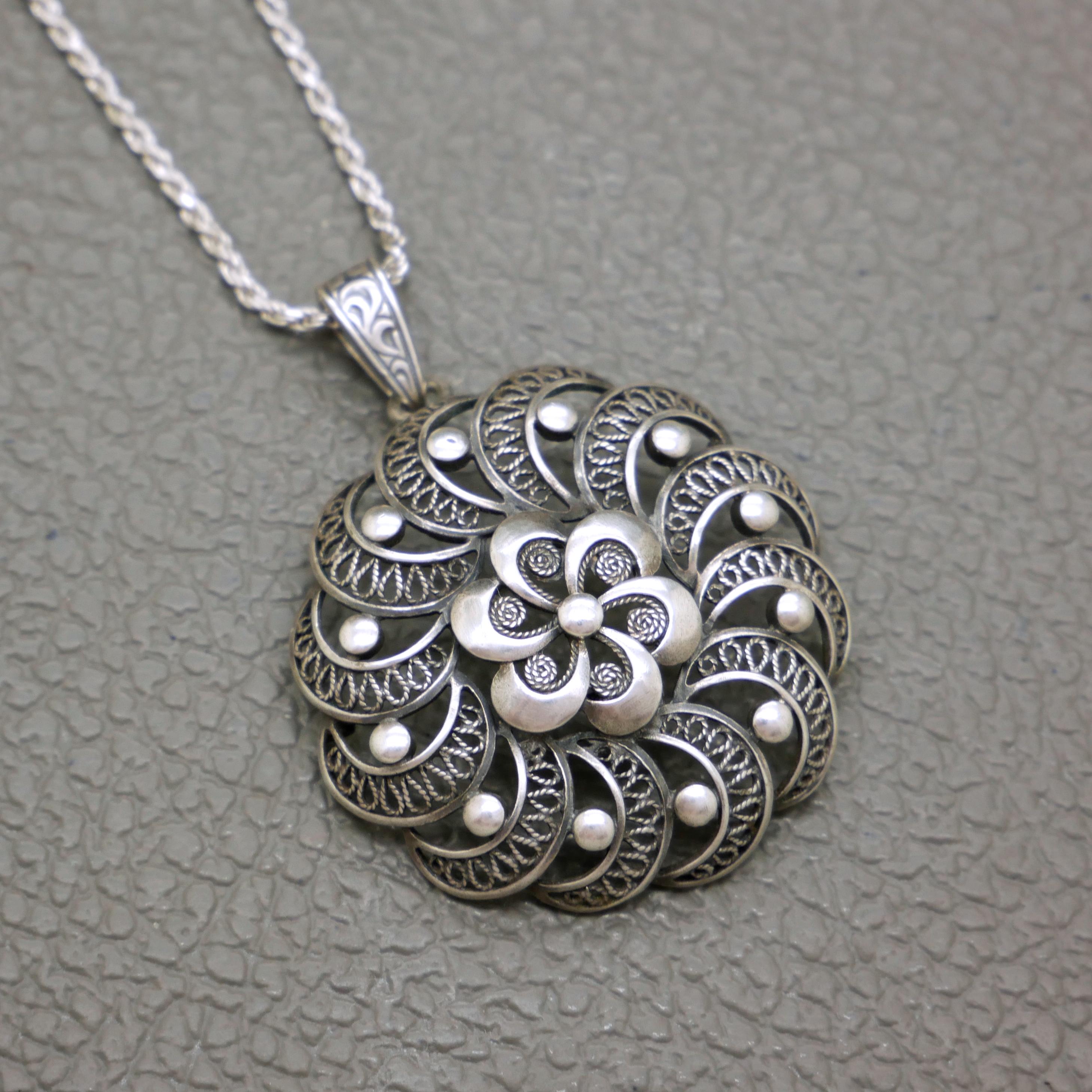 Vintage 835 Silver Flower Pendant: Mid-century Filigree Jewelry