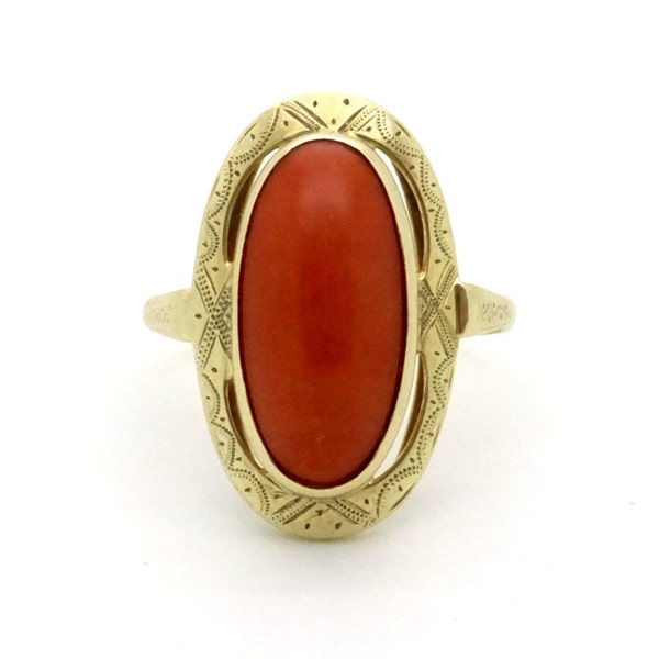 Antique Coral Ring - 14K Gold Ring Size 8.25 - Natural Red Coral - Antique Golden Ring - Victorian / Edwardian 5 CTW Coral Ring