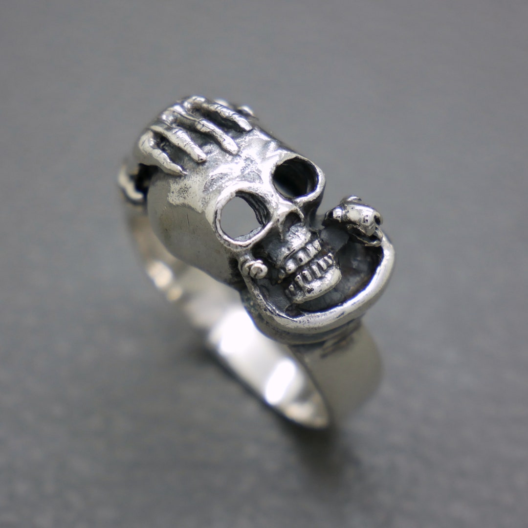 Vintage Sterling Silver Skull in Hand Ring With Serpent Detail 