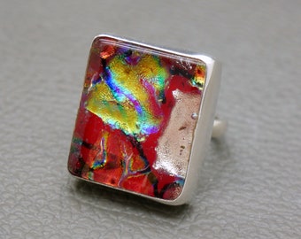 Anillo vintage de plata de ley con piedra de vidrio multicolor, AHJ Marked London 2004, anillo de cóctel, anillo de declaración, joyería artesanal