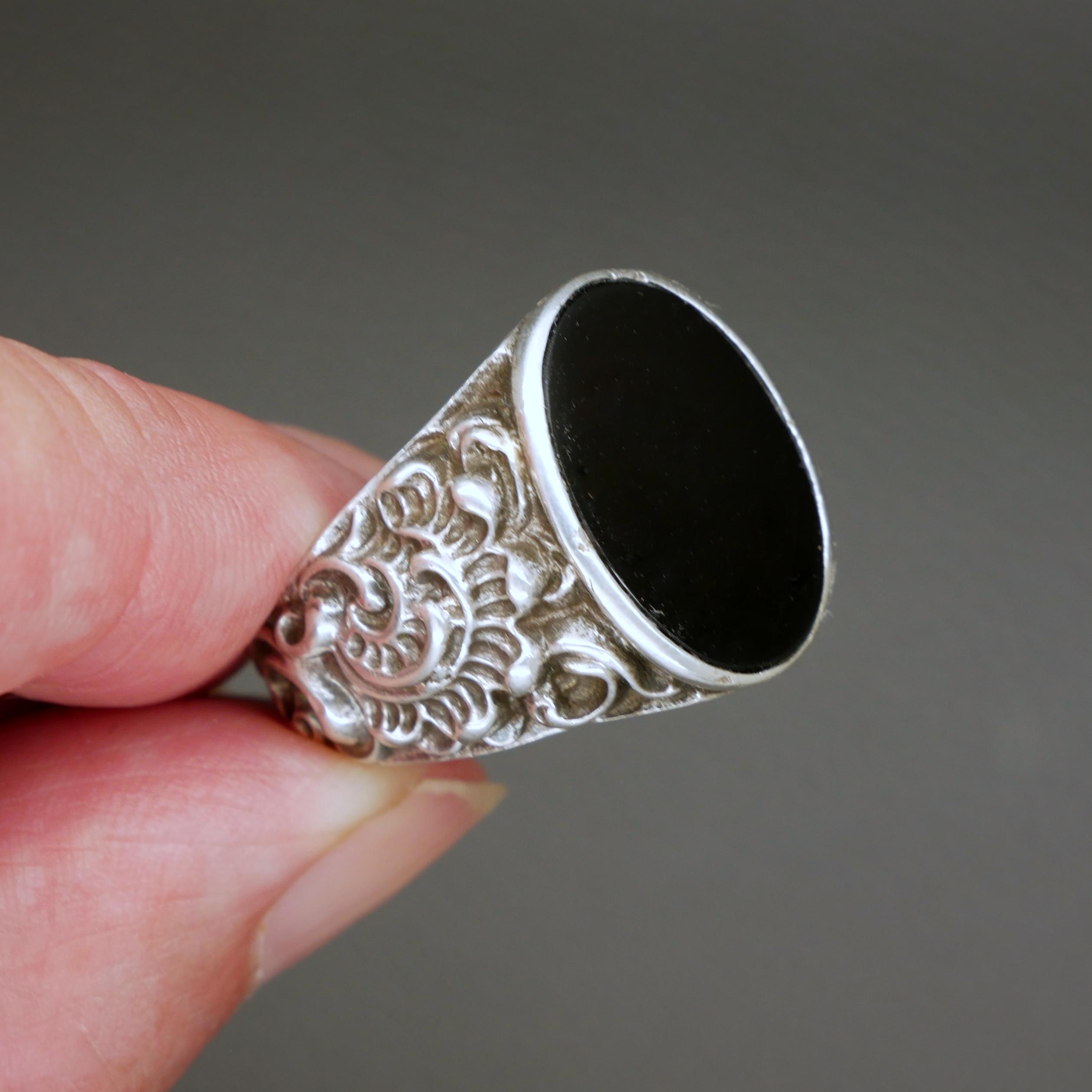 Antique Silver & Black Onyx Men's Signet Ring Size 10.25