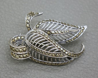 Vintage Marcasite & 835 Silver Leaf Brooch, 1950's Art Deco Style Jewelry, Gift for Her, KW1