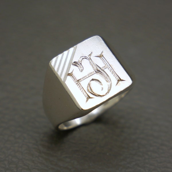 Vintage 835 Silver Men's Signet Monogram Ring Size 9.25 with Etched HJ Initials, Mid Century Jewelry, KW3