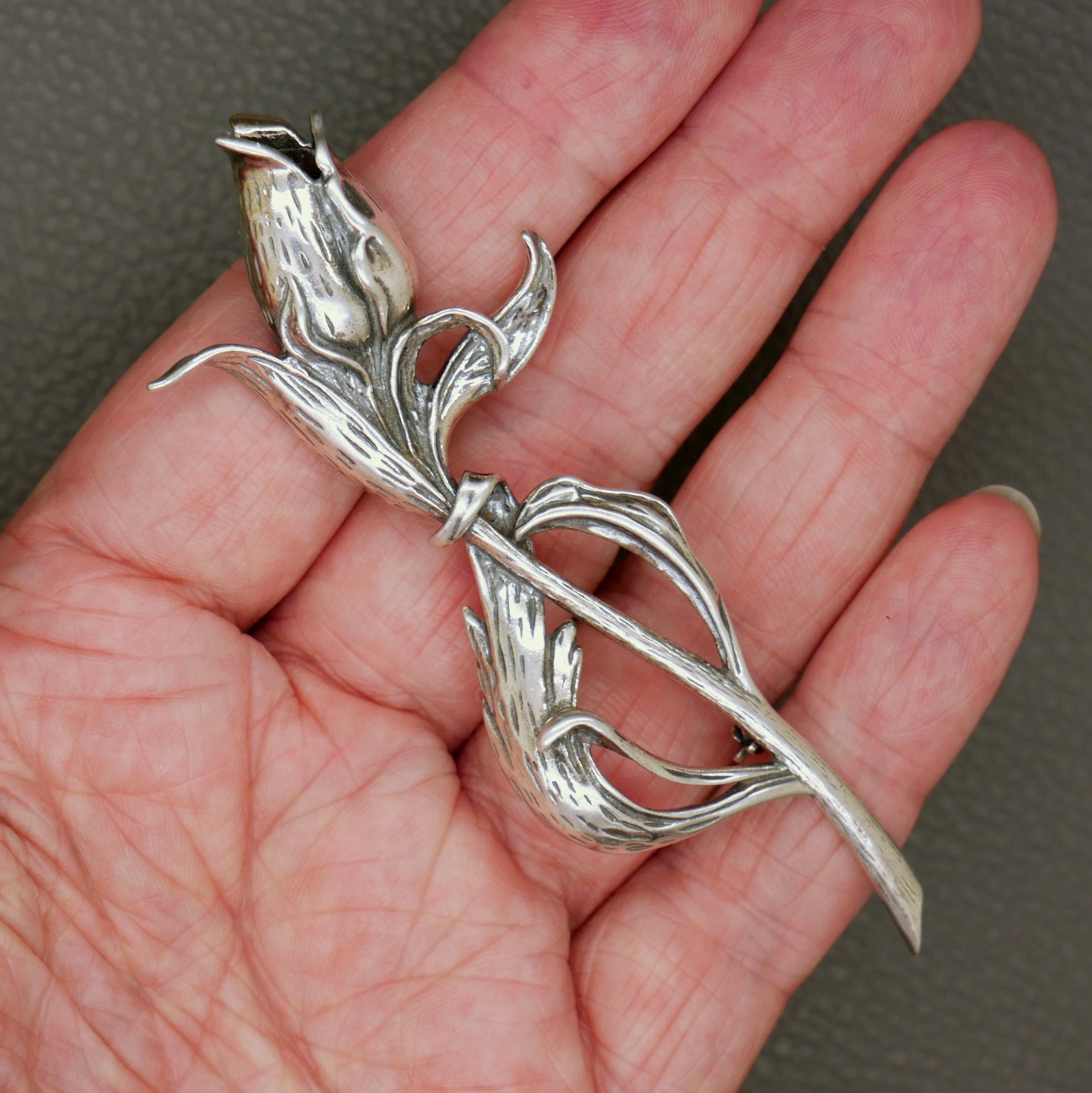 Large Sterling Silver Tulip Brooch: Mid-century Dutch Floral Pin