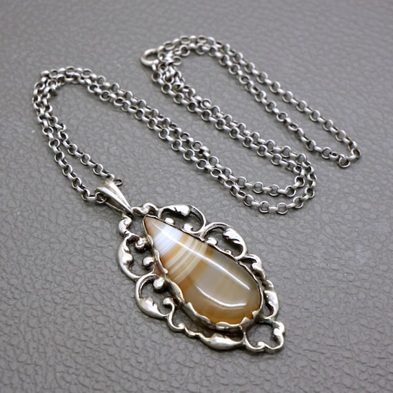 Antique 835 Silver & Striped Agate Pendant with O… - image 1